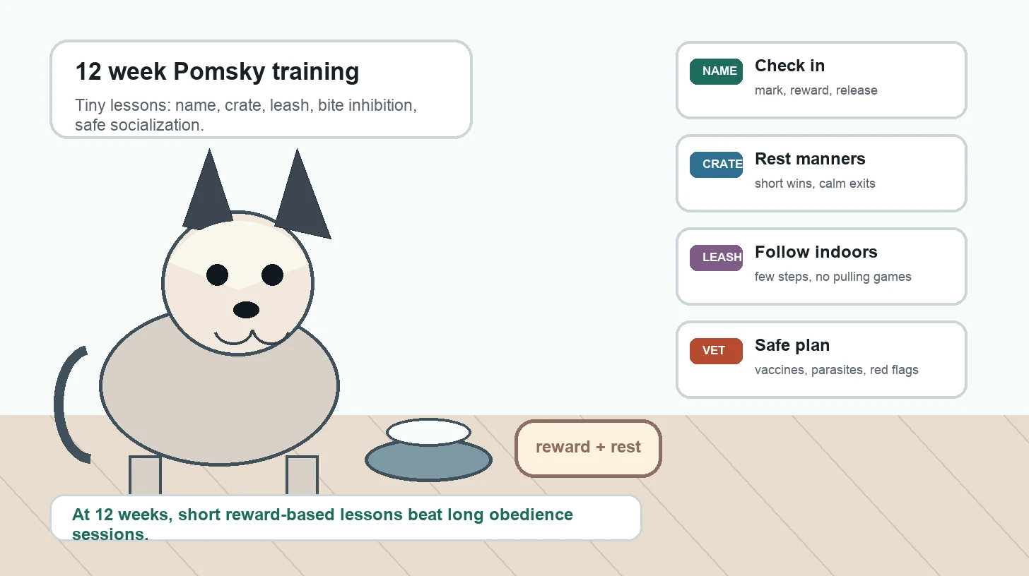 12 week old Pomsky puppy basic training plan with name response, crate manners, leash starts, bite inhibition, safe socialization, and vet checks
