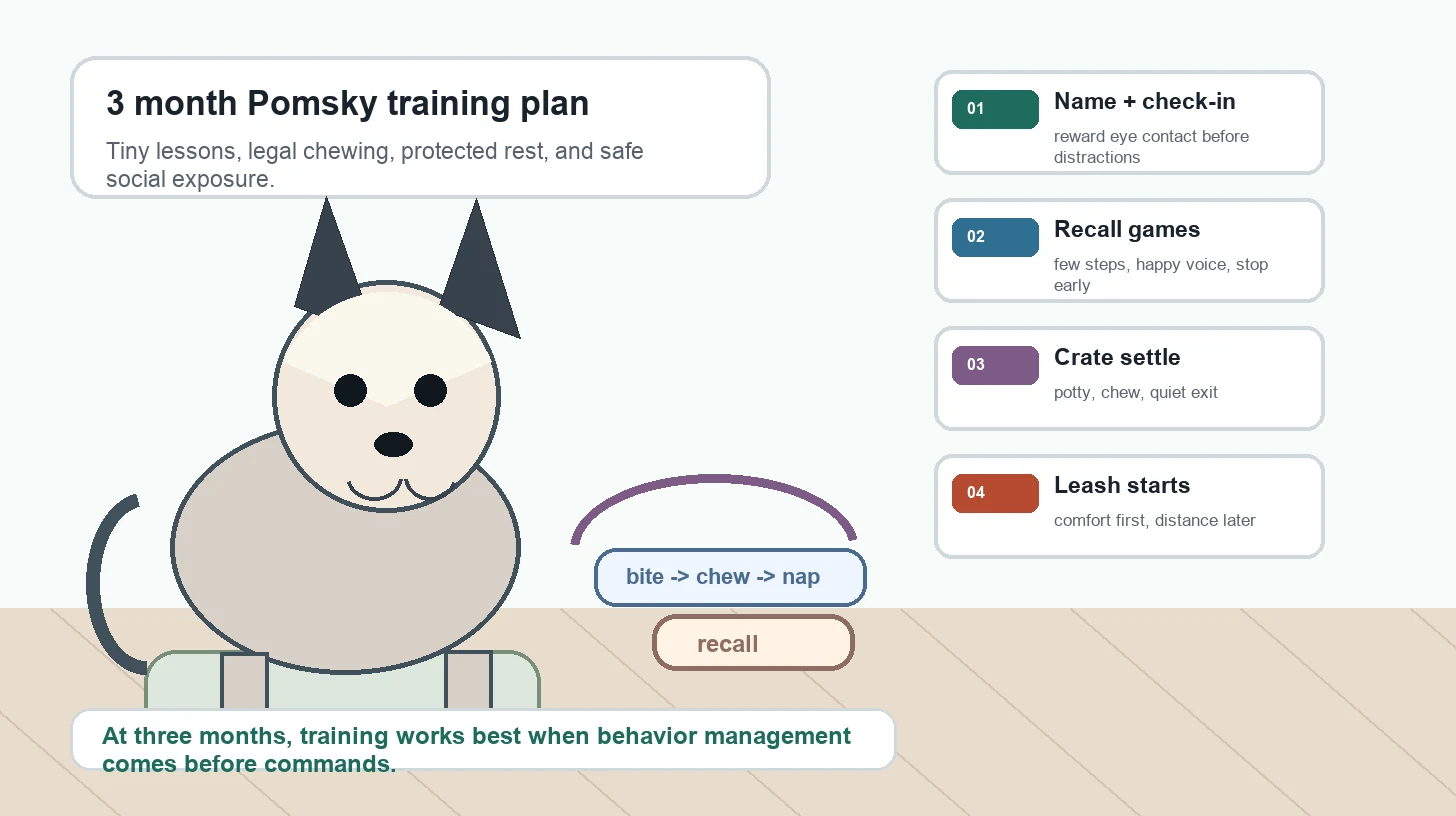 3 month old Pomsky puppy training and behavior support plan for biting, crate settling, leash starts, recall, socialization, and vet checks