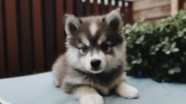 Pomsky puppies playing with their mother