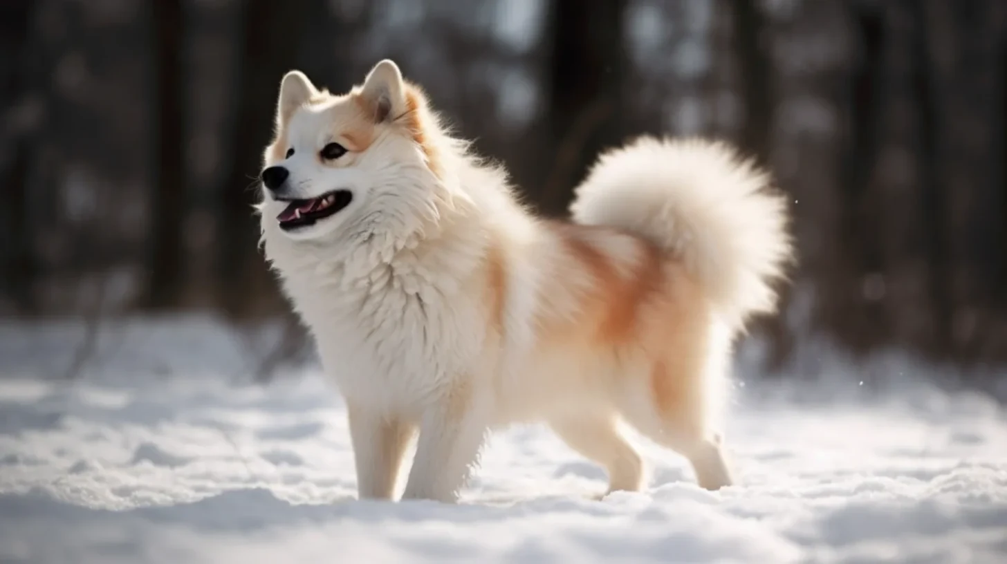 Small northern spitz-type dog in snow for an Alaskan Klee Kai Pomsky label and owner-fit guide