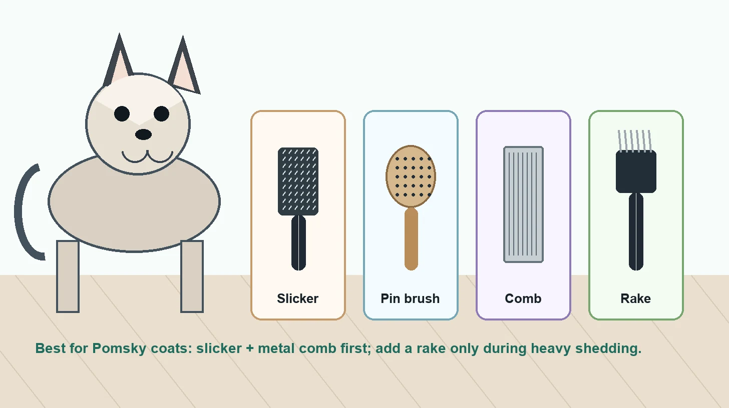 Pomsky grooming brush guide showing slicker brush, pin brush, metal comb, undercoat rake, and bristle brush