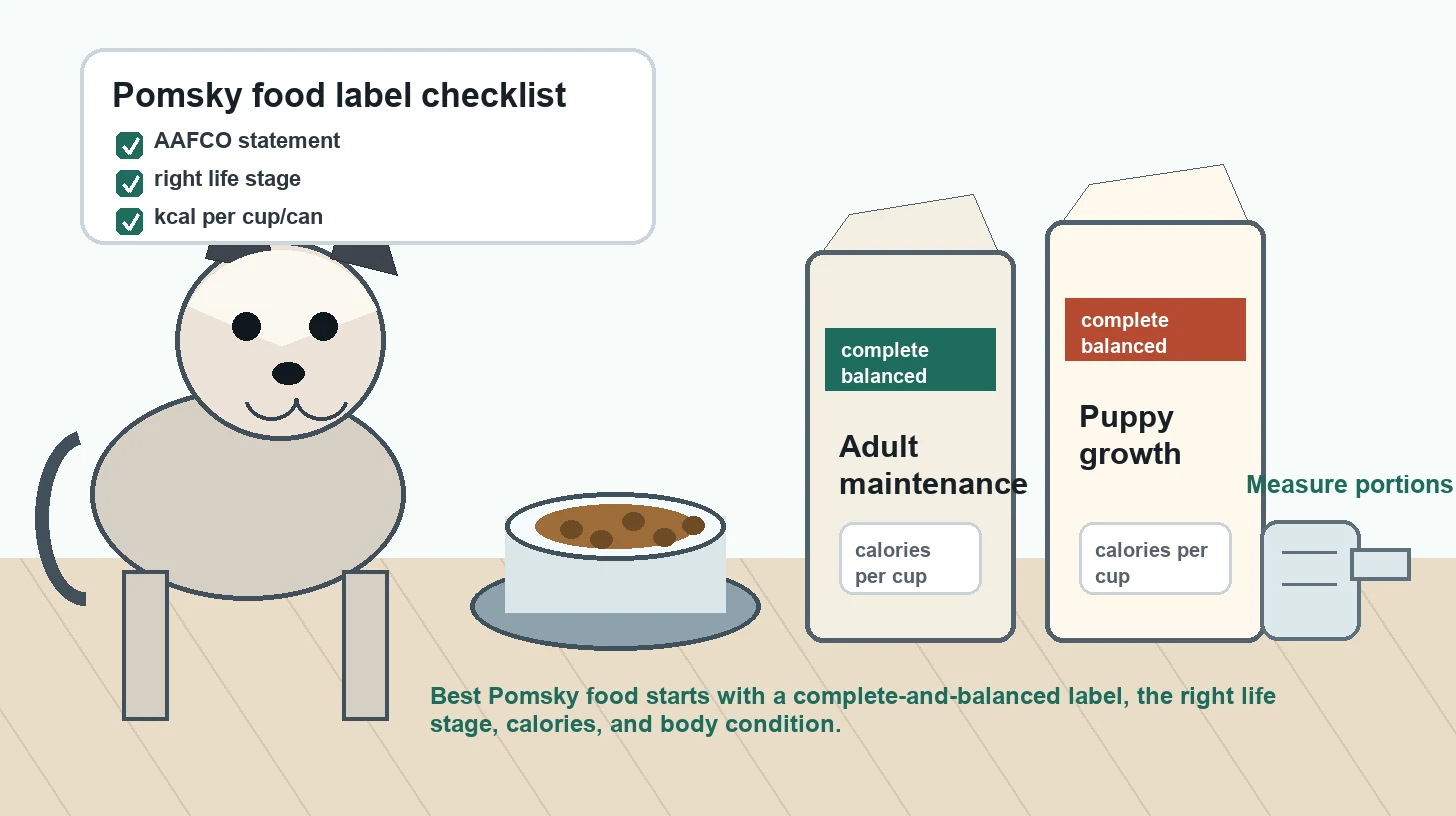 Pomsky dog food selection guide showing complete and balanced label checks, life stage, calories, and measuring cup