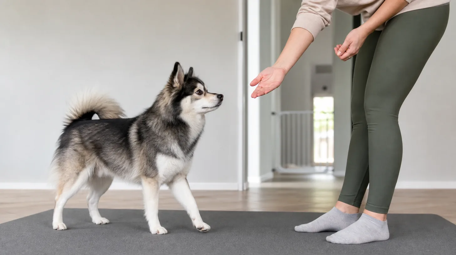 Pomsky follows an empty guiding hand while the reward remains in the other hand