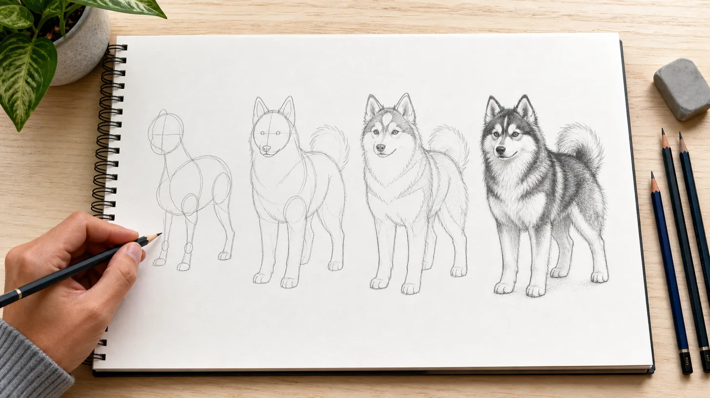 Four unlabeled stages show a Pomsky drawing progressing from construction shapes to finished graphite