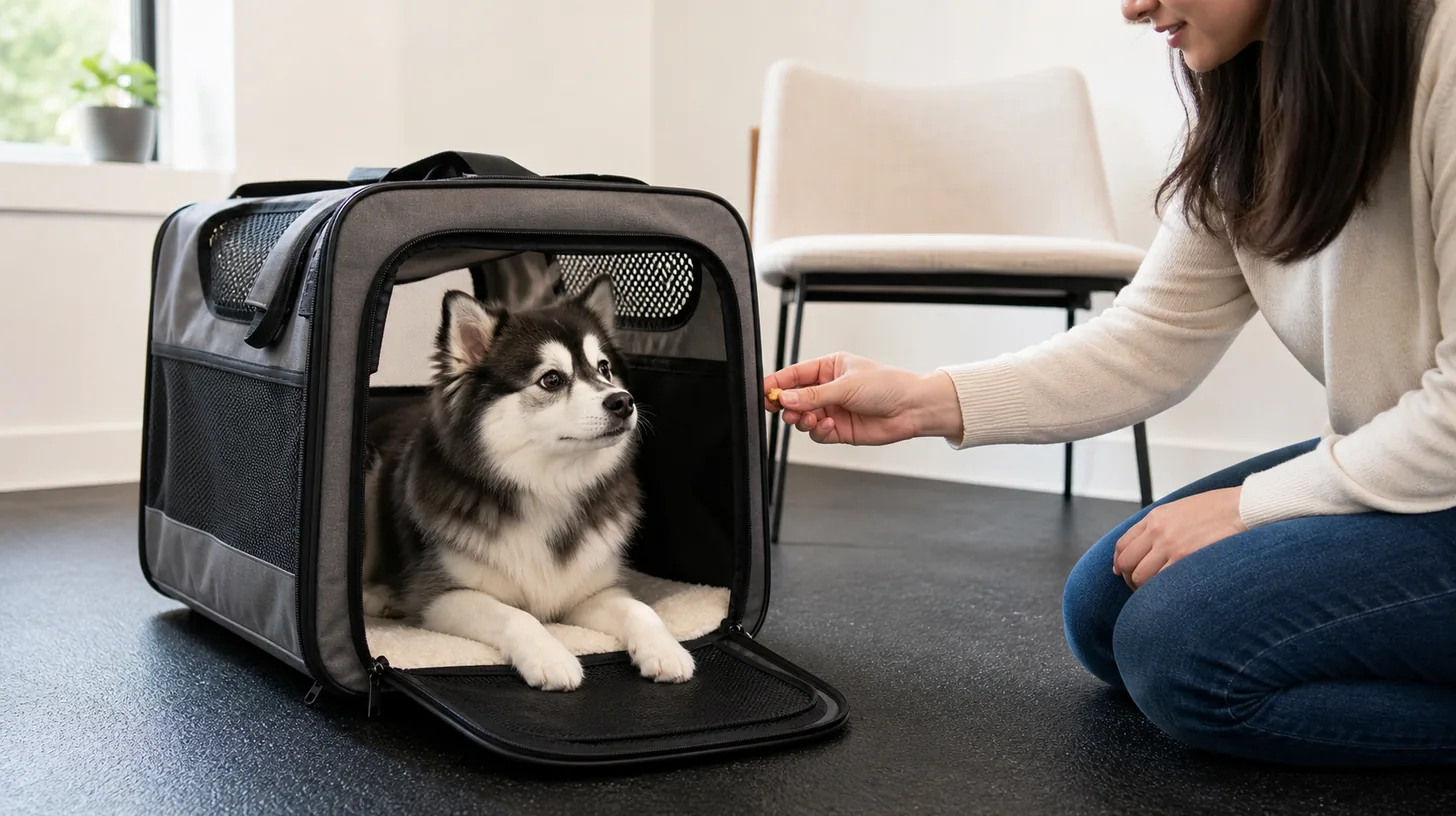 A Pomsky settles voluntarily in an open ventilated travel carrier while a caregiver rewards it