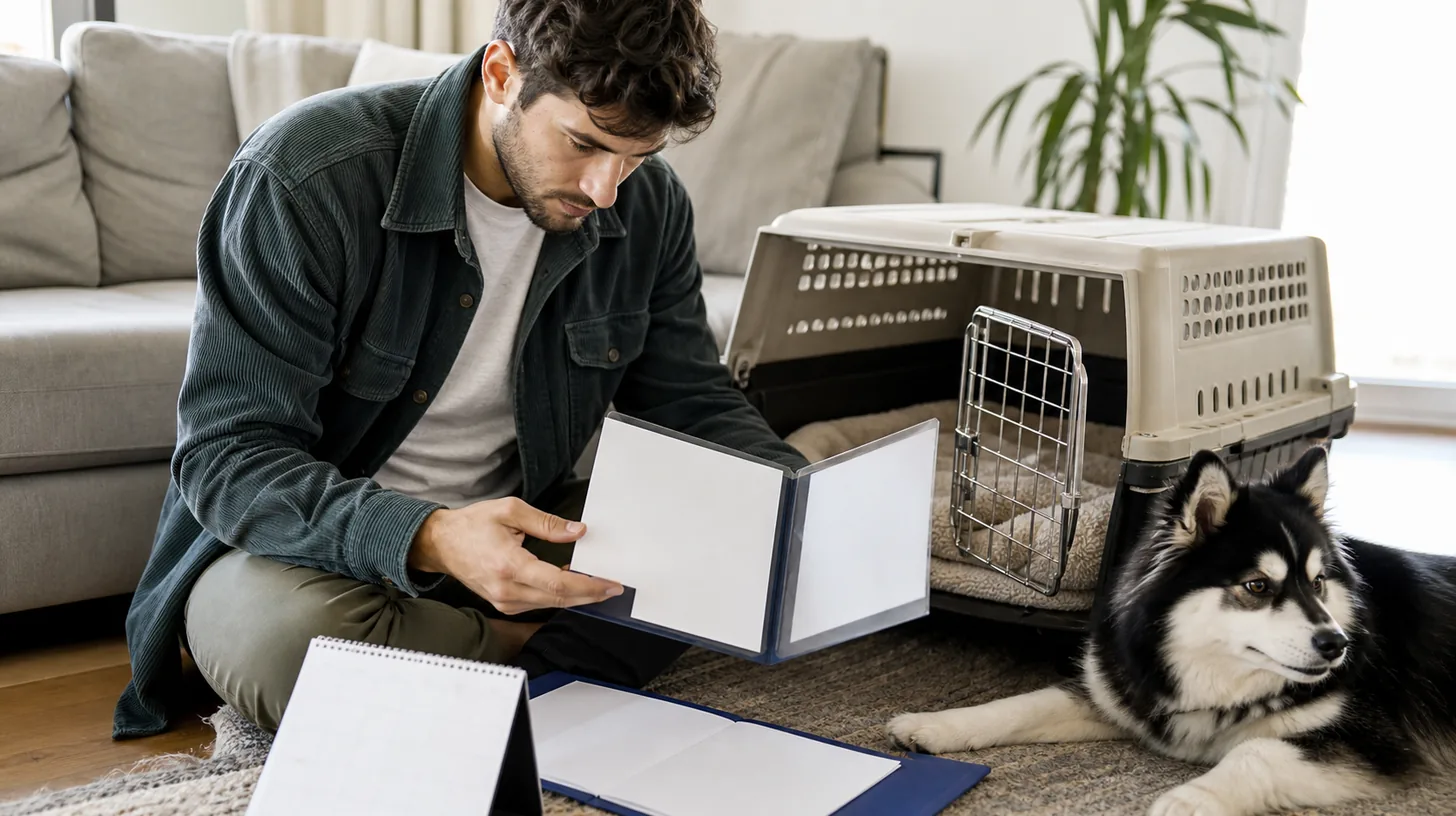 A traveler reviews blank pet documents beside a ventilated carrier and a resting Pomsky