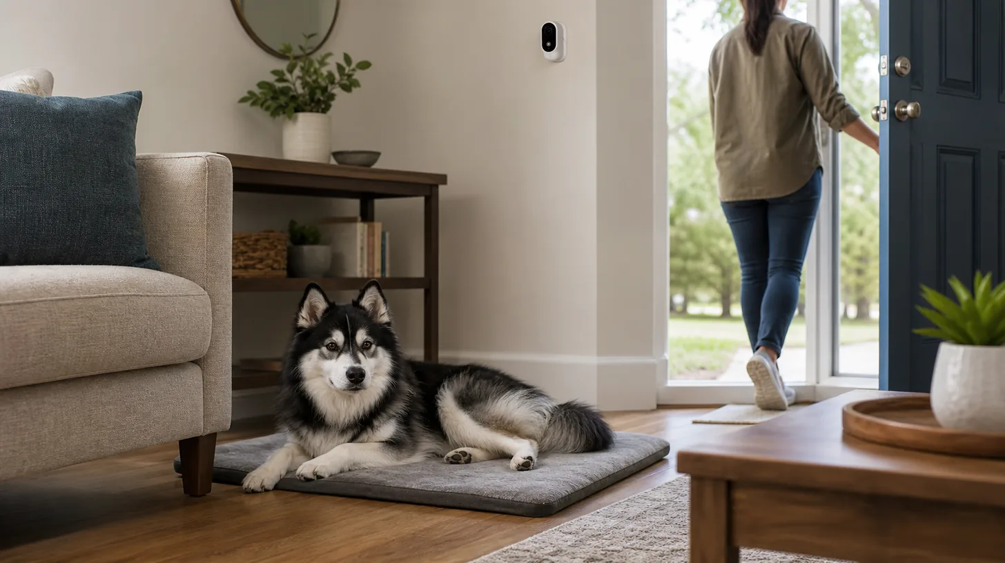 A Pomsky rests on a mat while a caregiver practices a brief departure monitored by a home camera