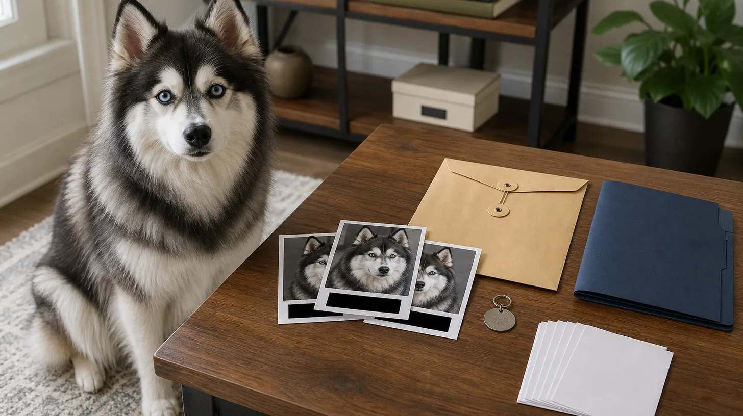 Pomsky sits beside redacted current photos a sealed registry envelope closed folder tag and blank review cards