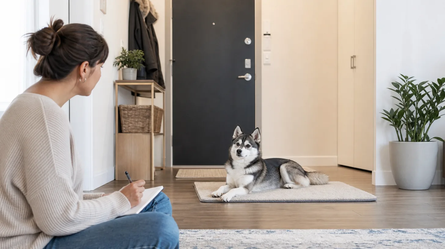Pomsky rests on a mat away from a closed apartment door while a caregiver records hallway sounds