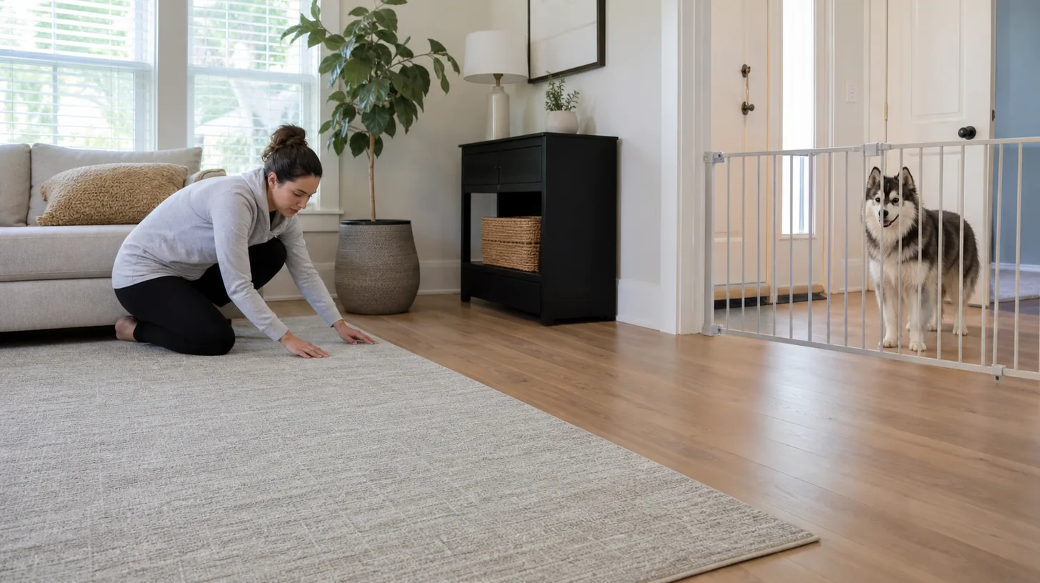 Caregiver checks a flat area-rug edge while a Pomsky waits behind a closed gate