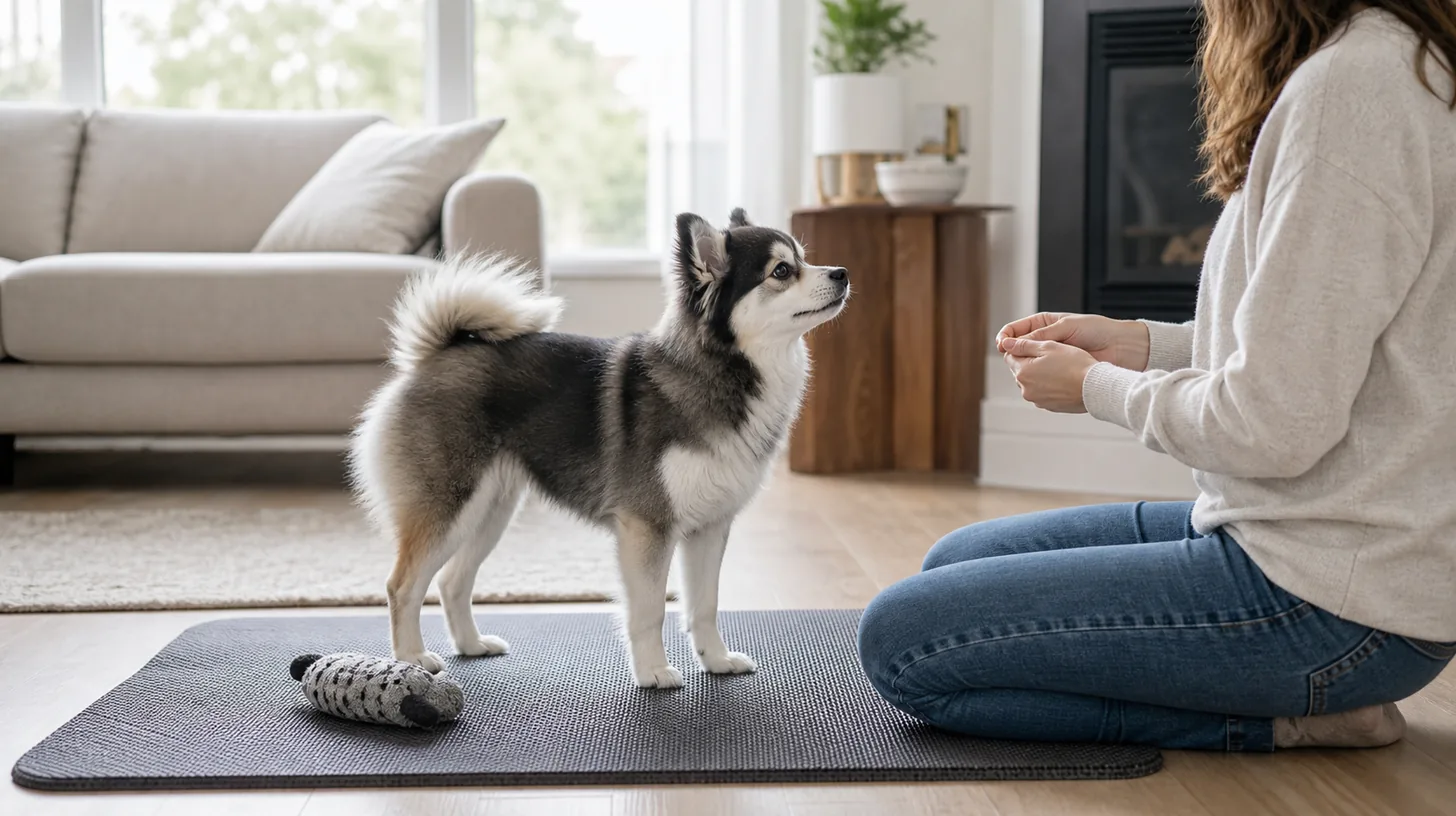 Pomsky quietly orients to a seated caregiver beside a mat and toy