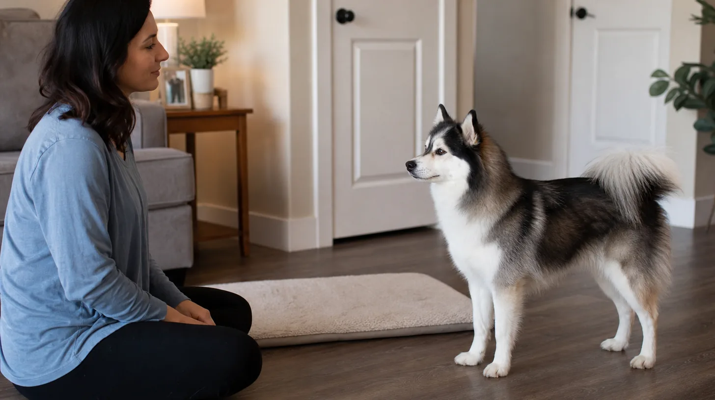 A Pomsky stands calmly with four paws down beside a floor mat