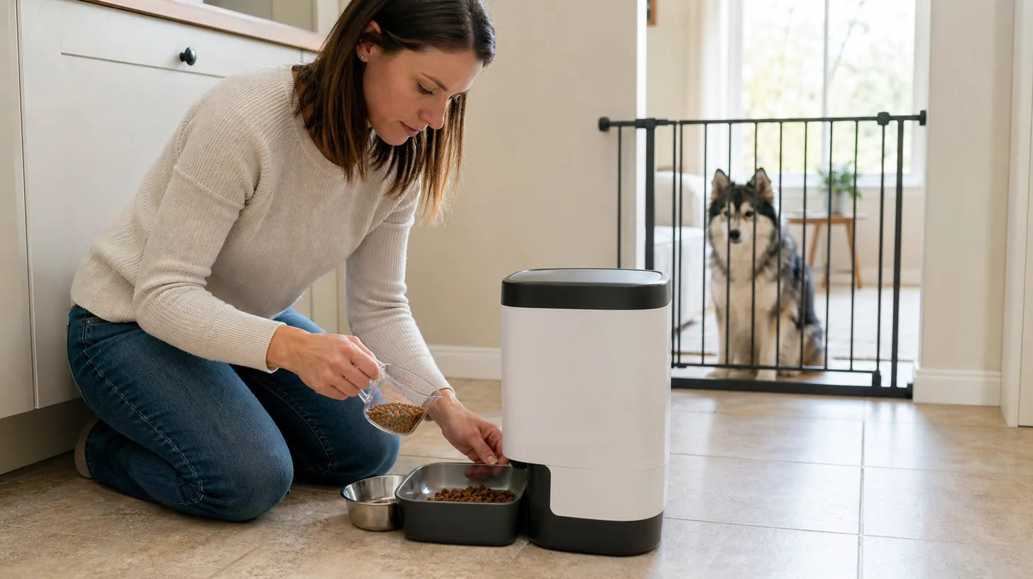 Caregiver measuring an automatic feeder portion while a Pomsky waits behind a gate