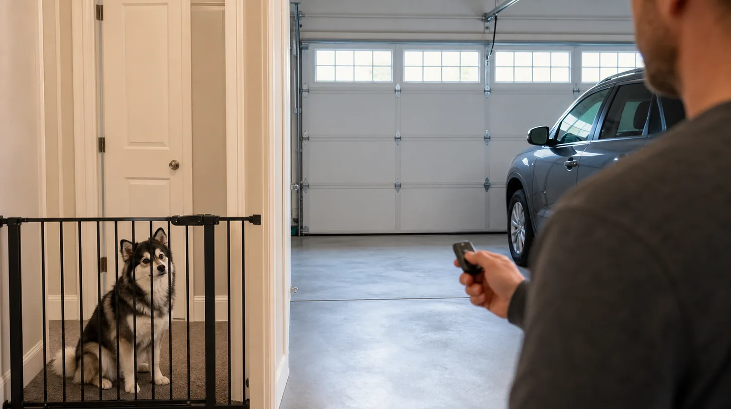 Pomsky secured behind an interior gate while a closed automatic garage door and clear floor are checked