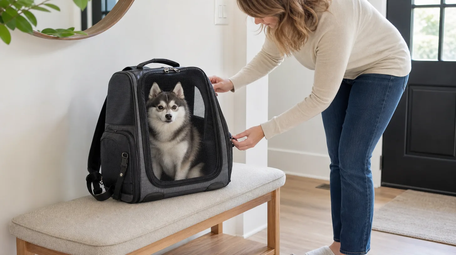 Pomsky sits in a ventilated backpack carrier on a low bench while a caregiver checks closures