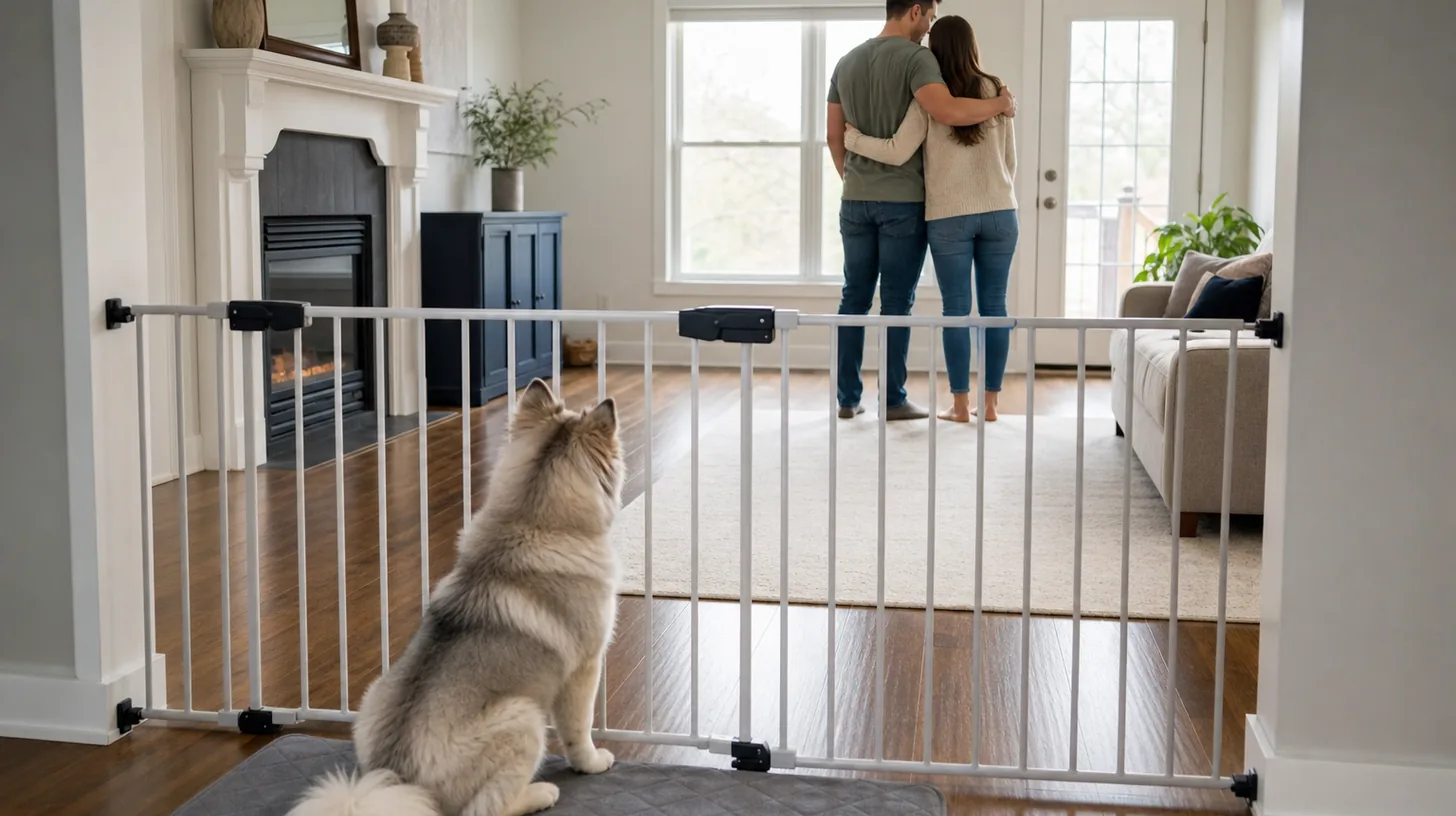 A Pomsky observes two familiar adults hugging from behind a secure gate