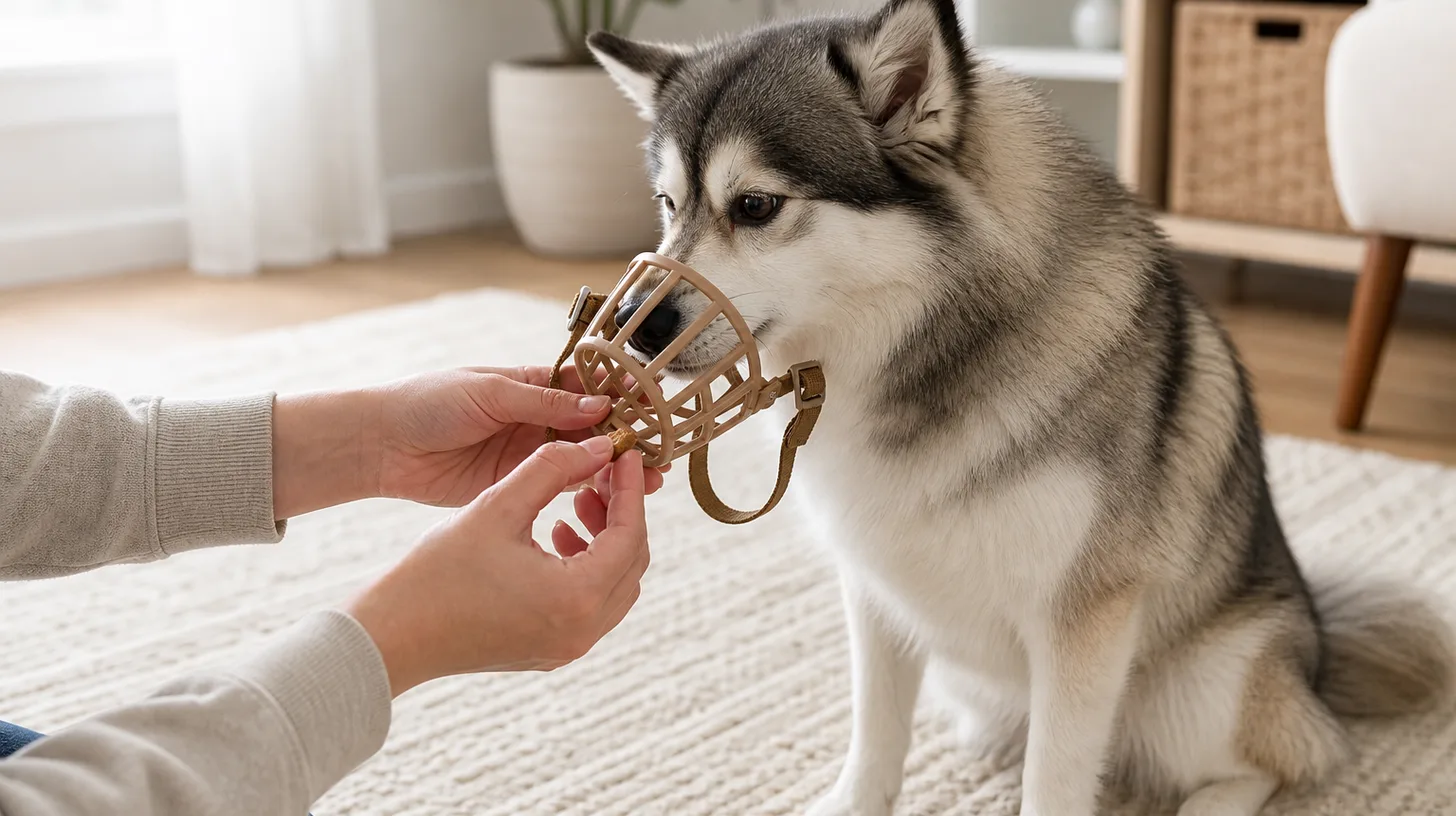 A calm Pomsky voluntarily places its nose into a basket muzzle while receiving a treat