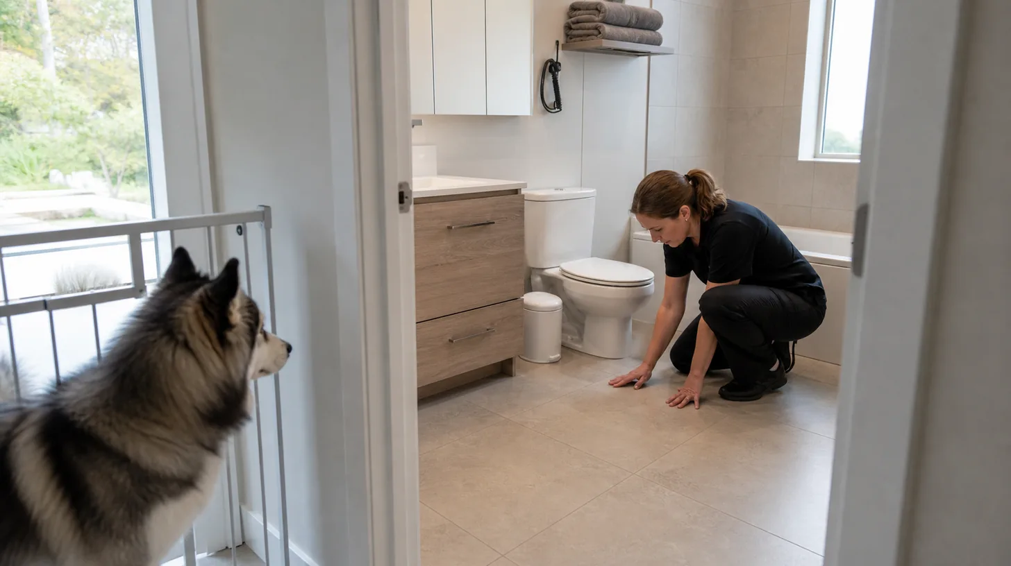 A caregiver checks a dry clear bathroom floor while a Pomsky waits behind a secure doorway gate