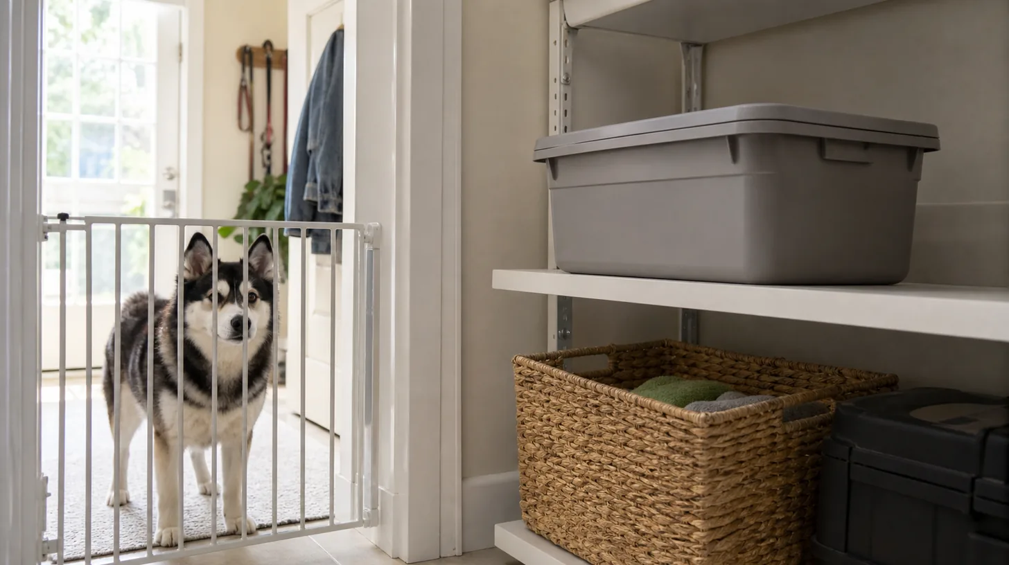 Closed rigid used-battery recycling container stored high in a dog-free utility area