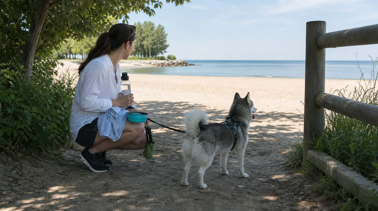 Leashed Pomsky and caregiver pause with water and a towel at a shaded beach access point