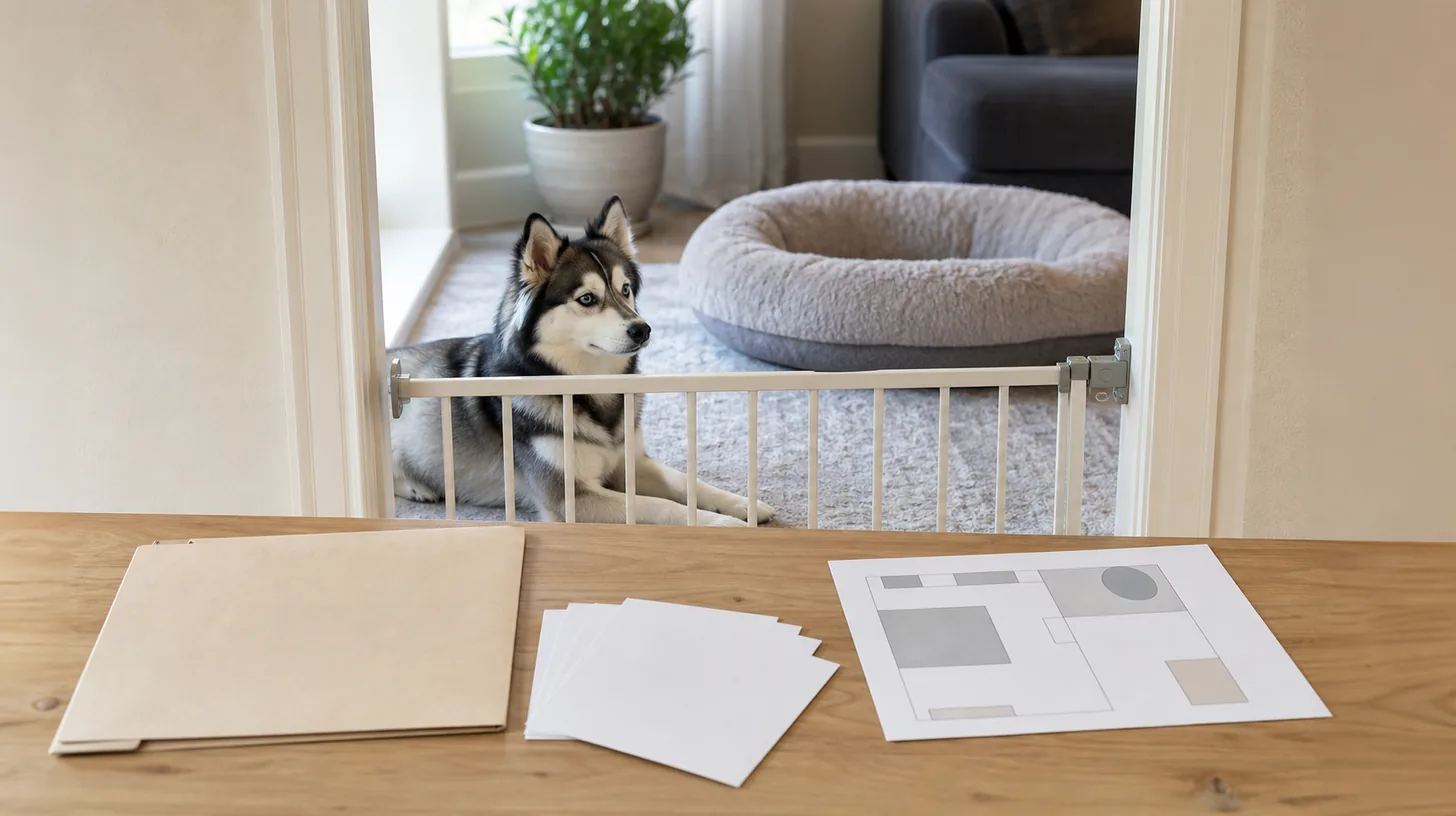 Calm Pomsky rests behind a secure gate while a plain consultation folder blank context cards and room map sit outside