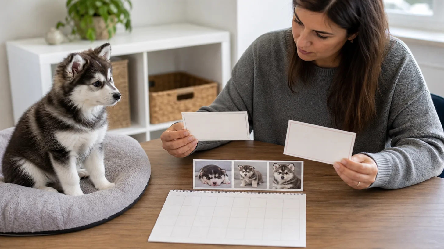 Buyer compares blank litter and veterinary cards with a Pomsky puppy photo timeline and calendar