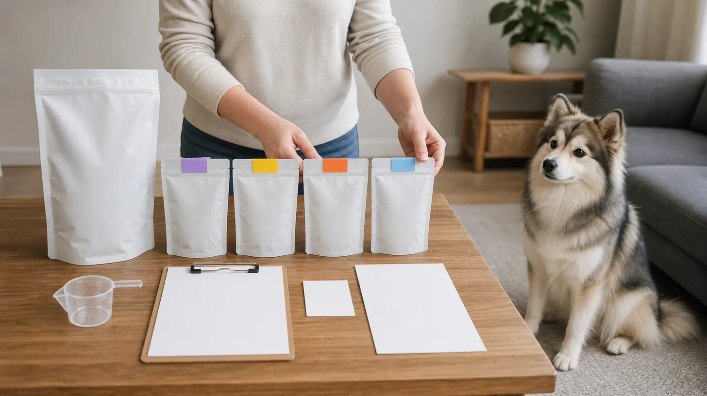 Caregiver prepares four color-tabbed meal pouches with blank boarding instructions and return records beside a Pomsky