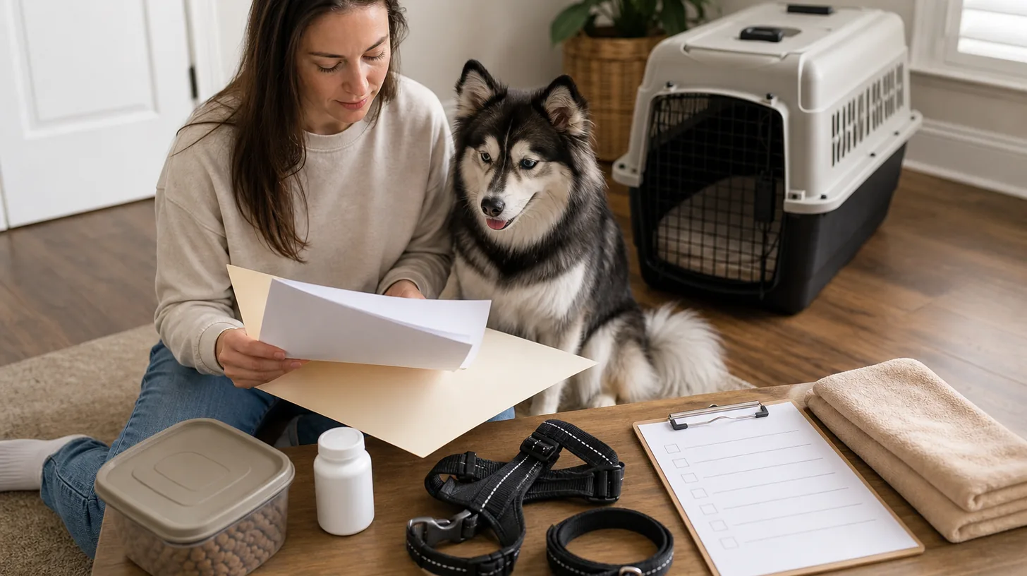 A caregiver reviews a Pomsky boarding packet with organized food, medication, equipment, and a closed carrier