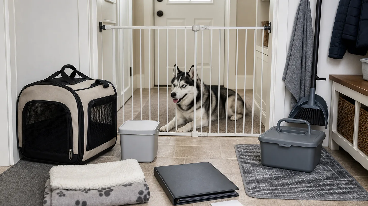 Pomsky rests behind a gate near a returned carrier food container bedding record folder blank card and closed cleaning caddy