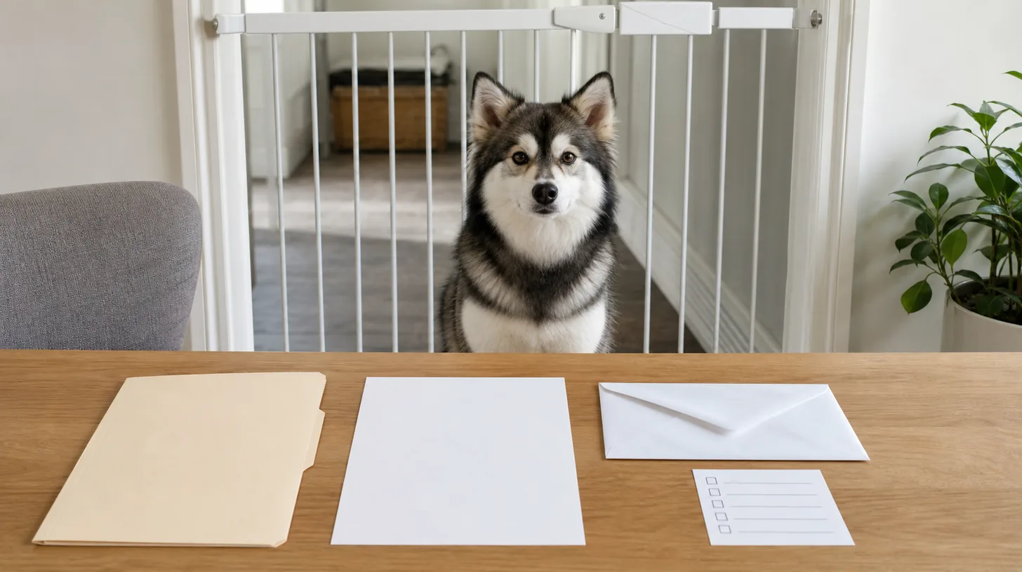 Pomsky waits behind a gate beside a boarding folder blank requirement sheet sealed clinic envelope and checklist