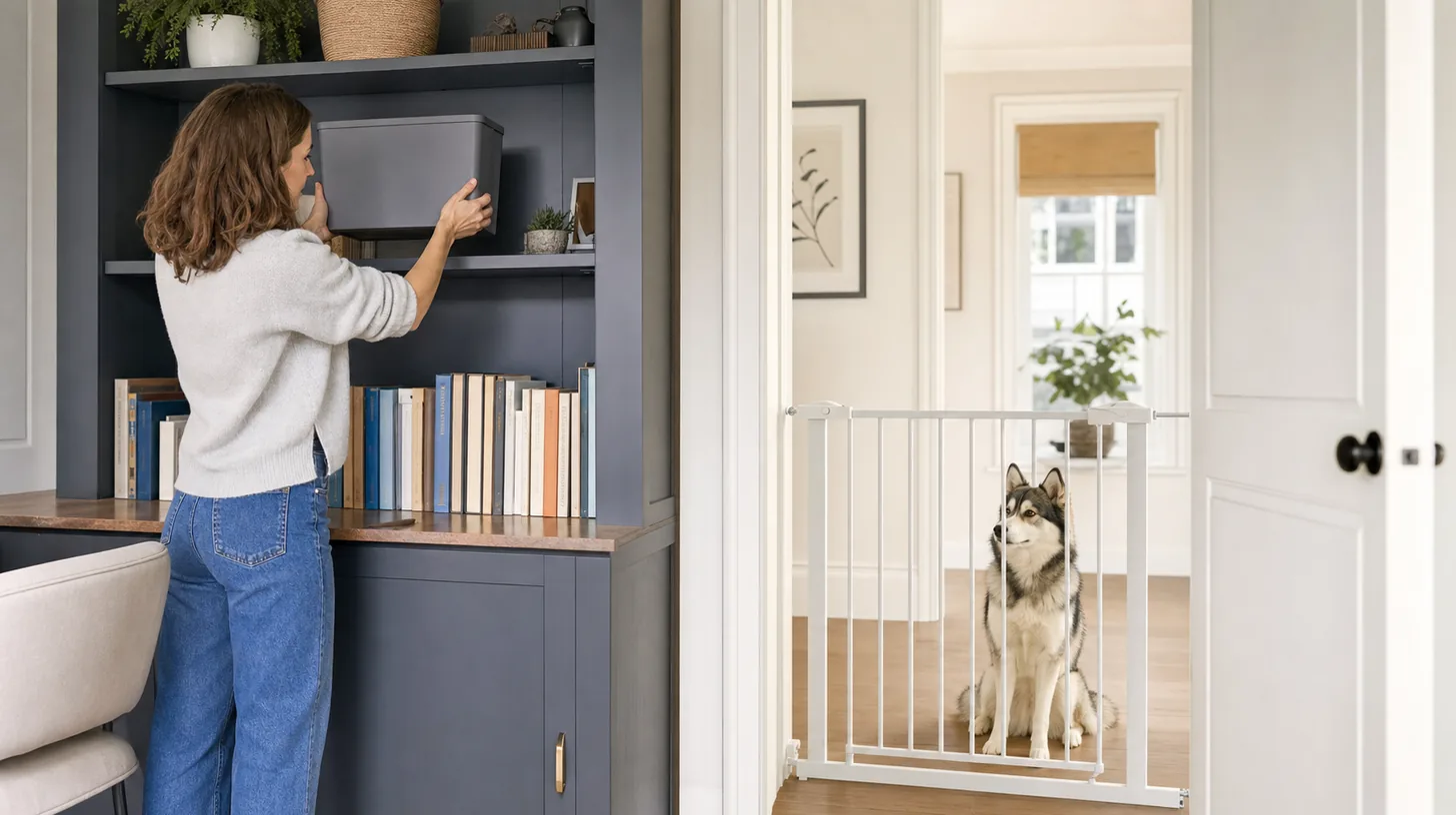 Caregiver reorganizes a bookcase while a Pomsky waits behind a closed gate