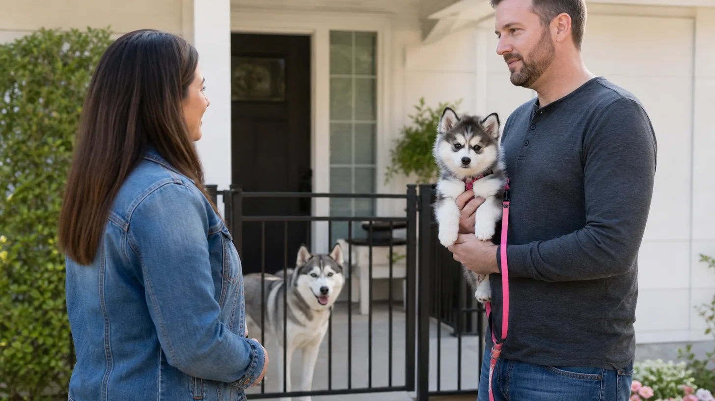 Buyer and breeder meeting outside a plain residence with a Pomsky puppy safely visible