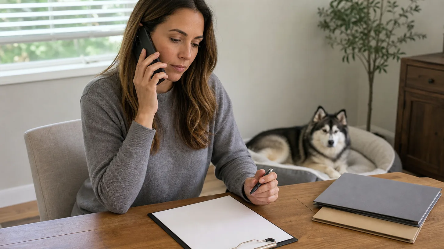 Buyer making a reference call beside a blank checklist with no visible personal information