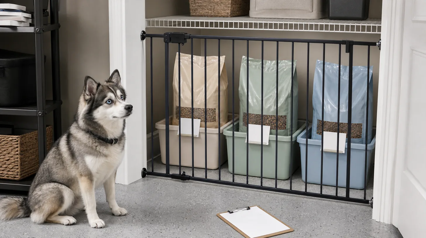 Pomsky waits outside a gated storage area with exactly three unbranded food bags in separate bins with blank inventory cards