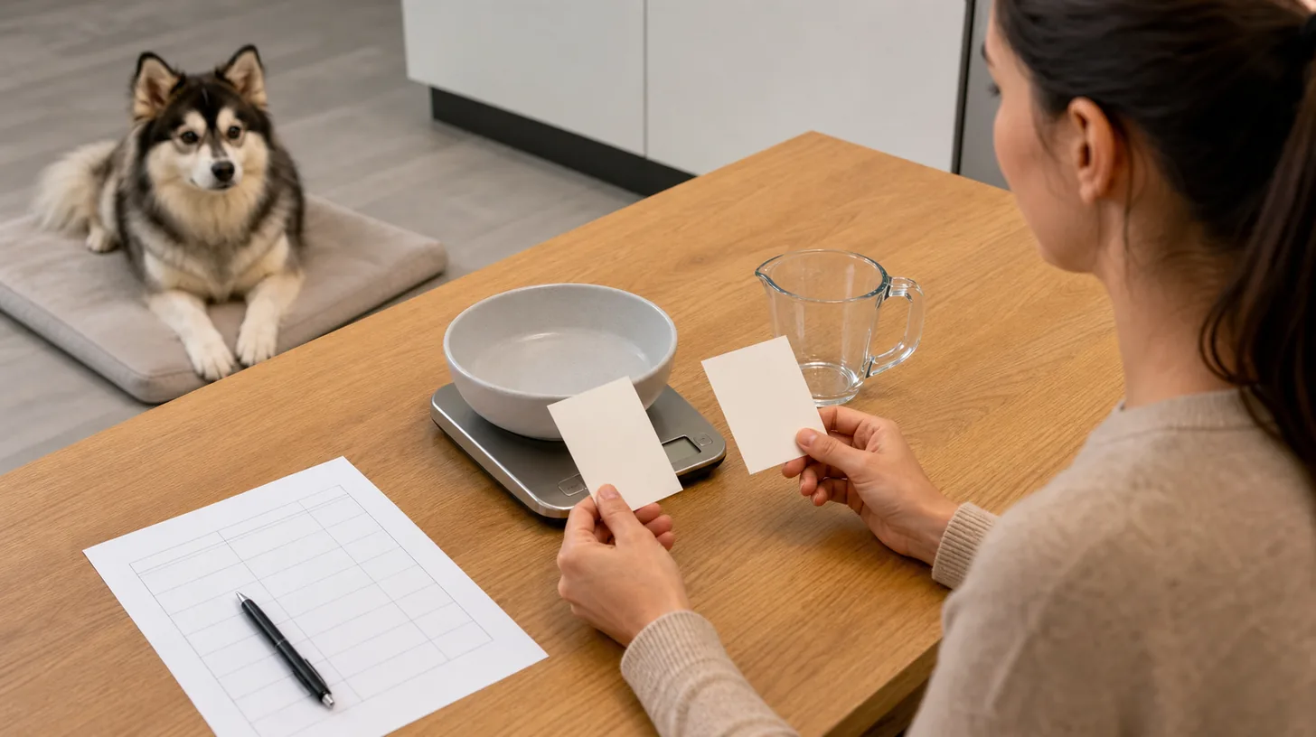 Caregiver compares two blank food cards with a bowl scale measuring cup and meal worksheet