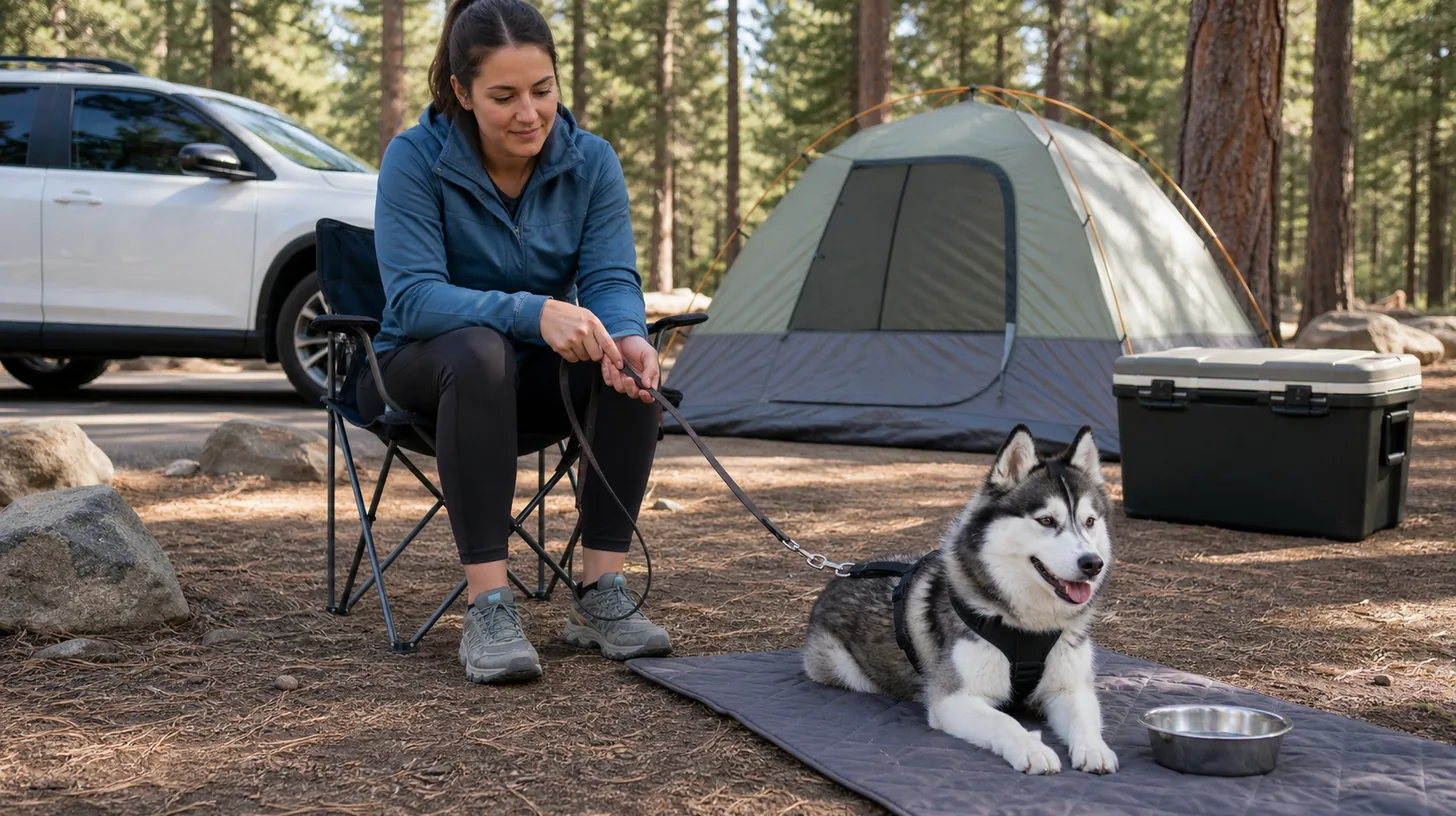 A leashed Pomsky rests with water beside a caregiver at an organized campsite with a zipped tent