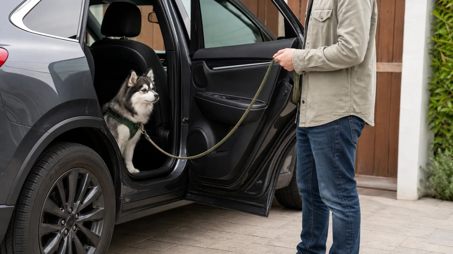 A leashed Pomsky waits inside a parked car with the door open
