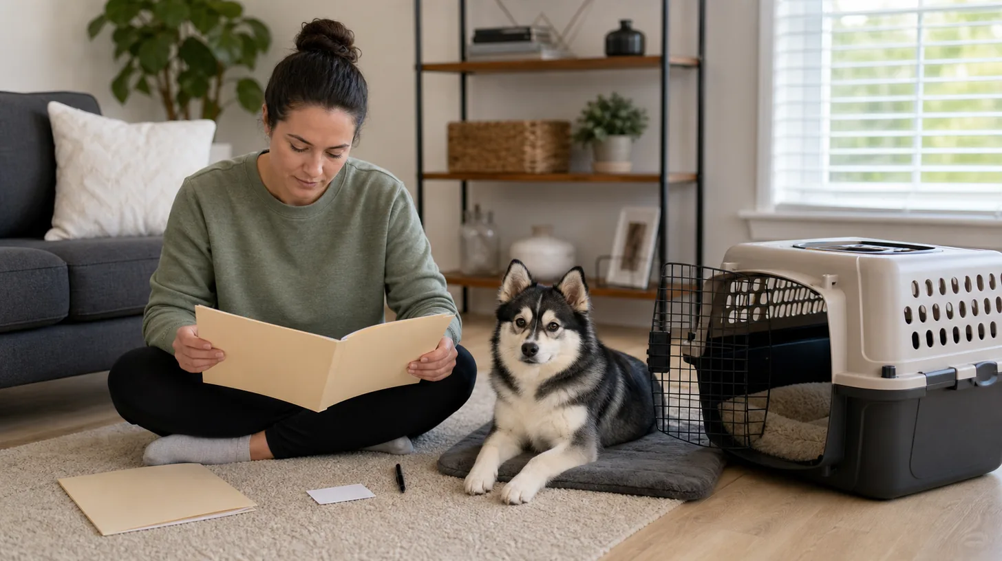 Pomsky rests beside a carrier while a caregiver reviews a blank emergency authorization folder