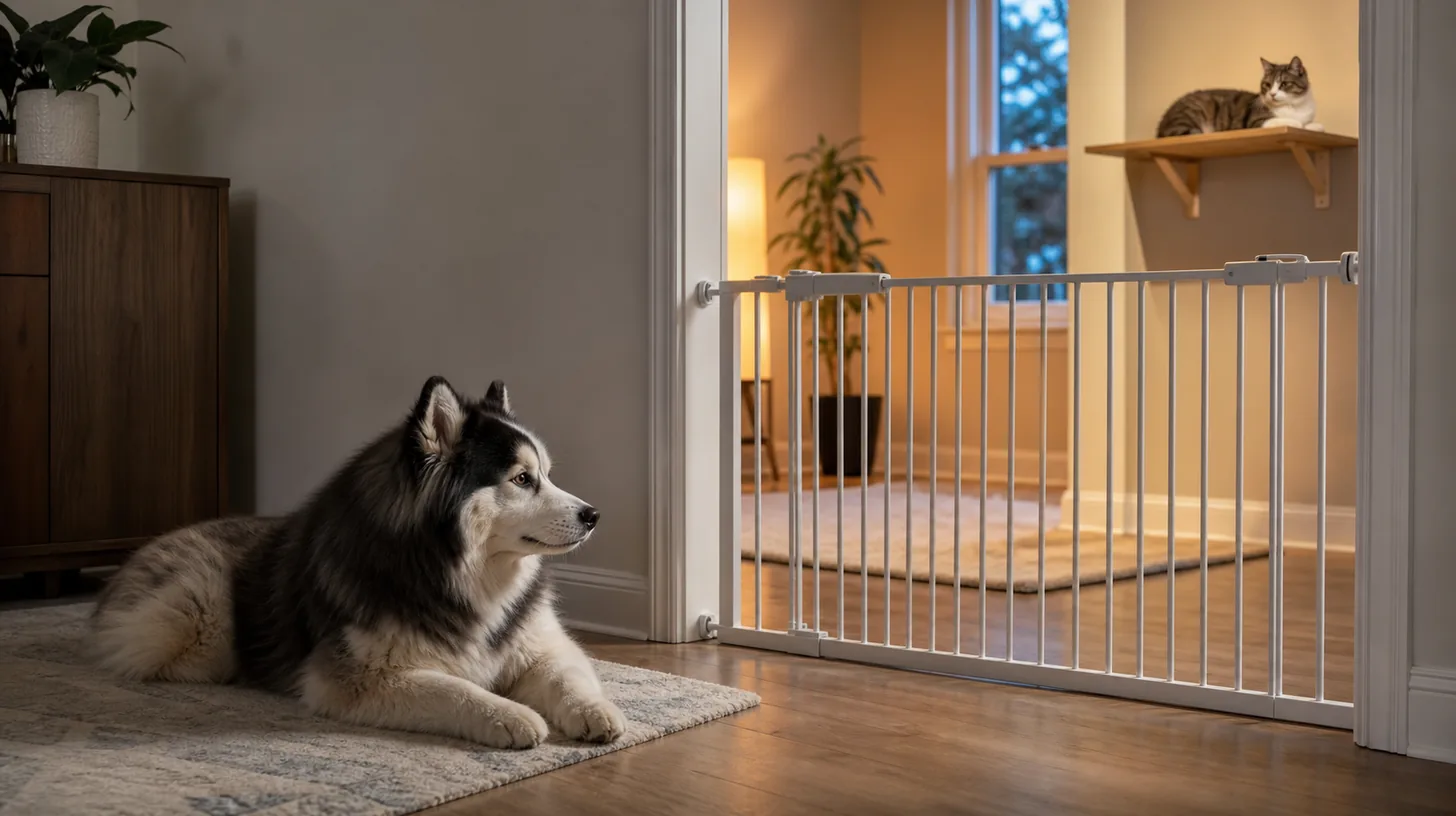 Pomsky and cat rest in separate nighttime zones divided by a secure gate