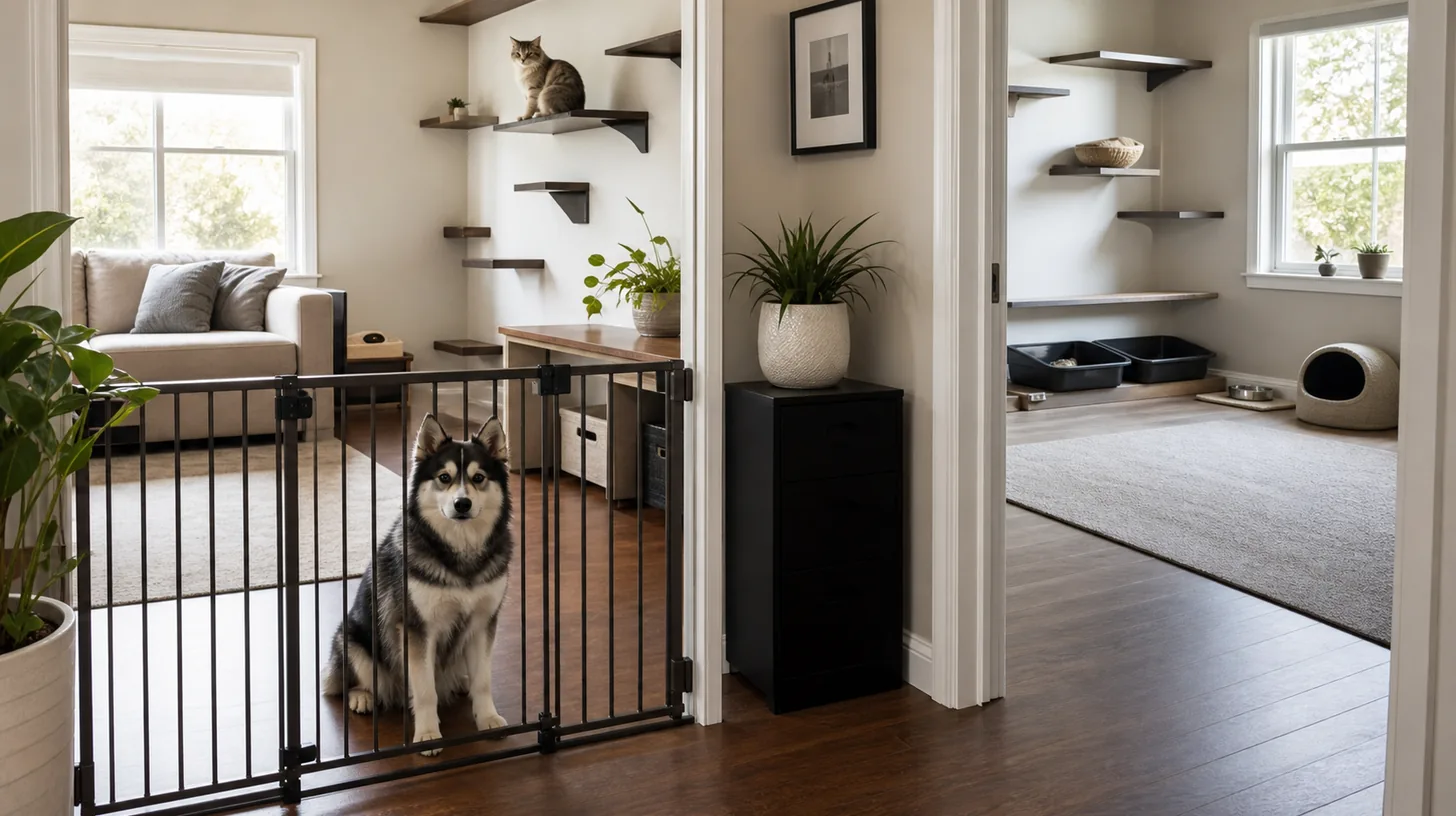 A Pomsky waits behind a secure gate while a cat uses separate elevated routes and resources