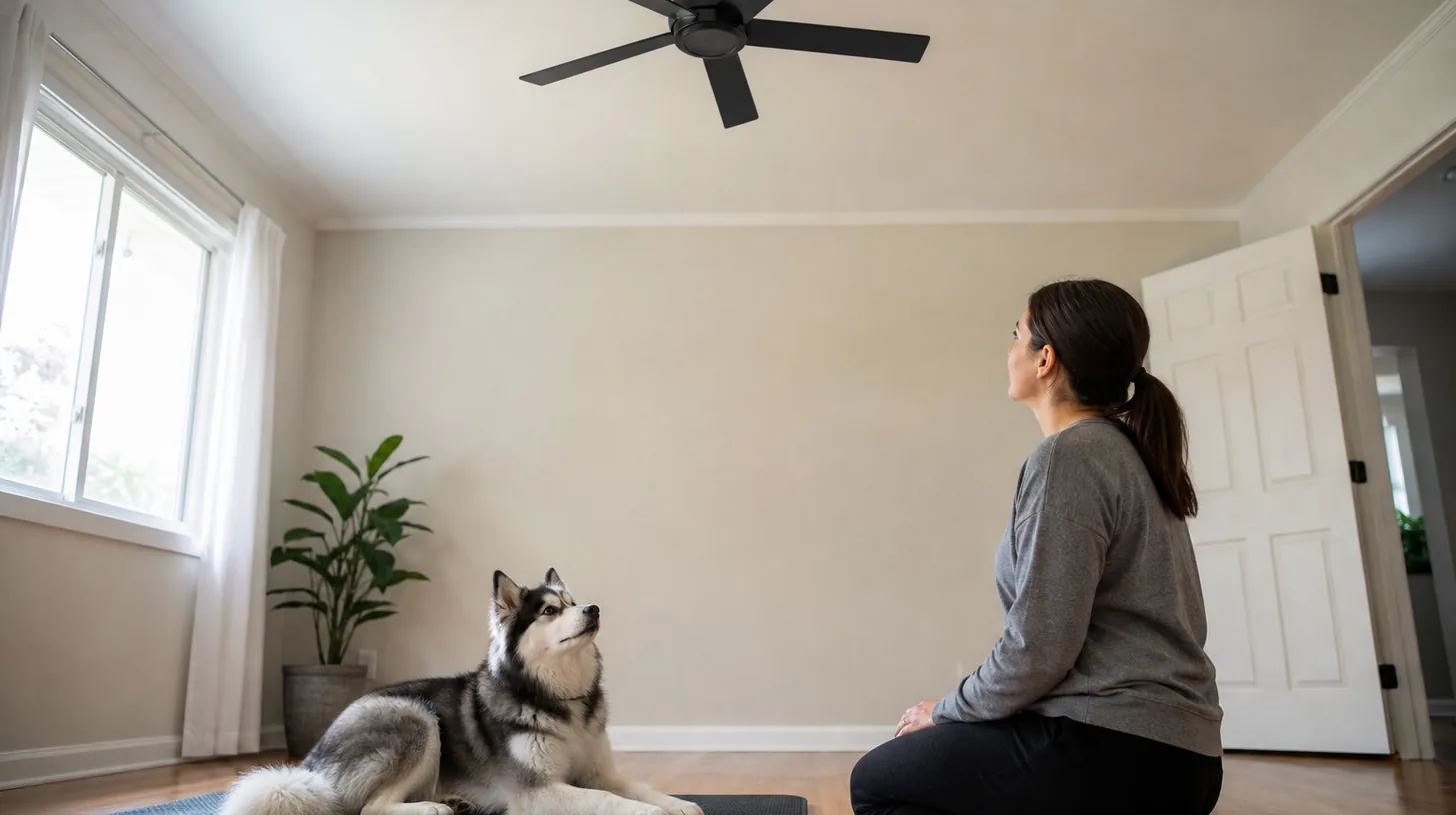 Relaxed Pomsky on a mat with a caregiver beneath a stationary ceiling fan