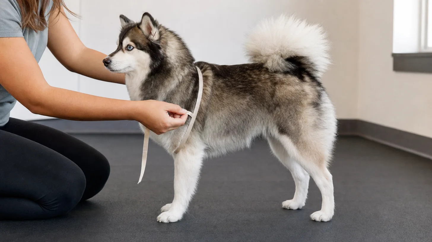 Caregiver places a soft tape around a standing Pomsky chest