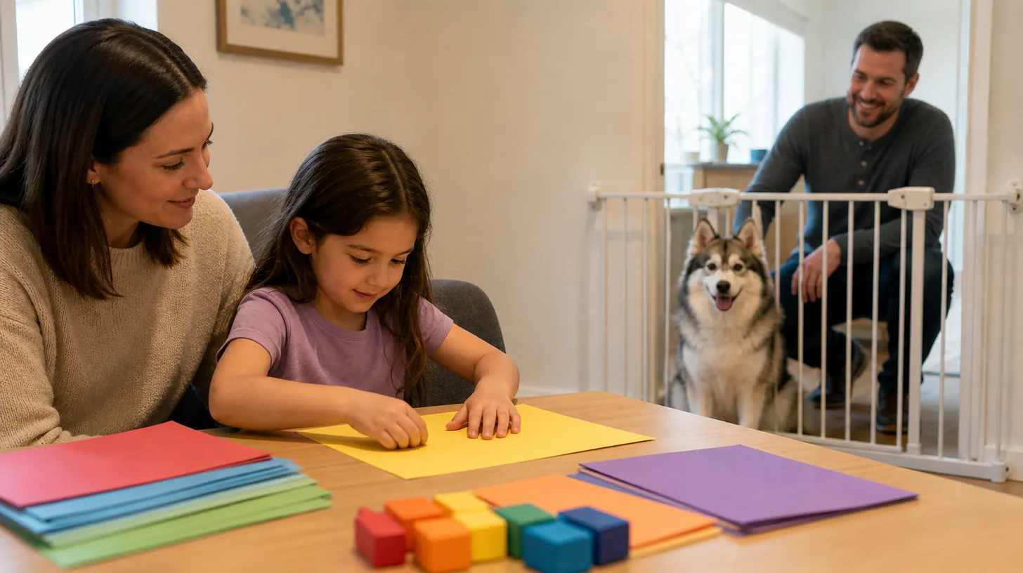 Adult supervises a child craft activity while a Pomsky waits behind a gate