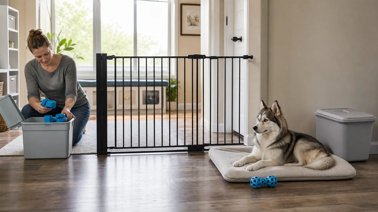 Separate child and Pomsky play zones with closed toy storage