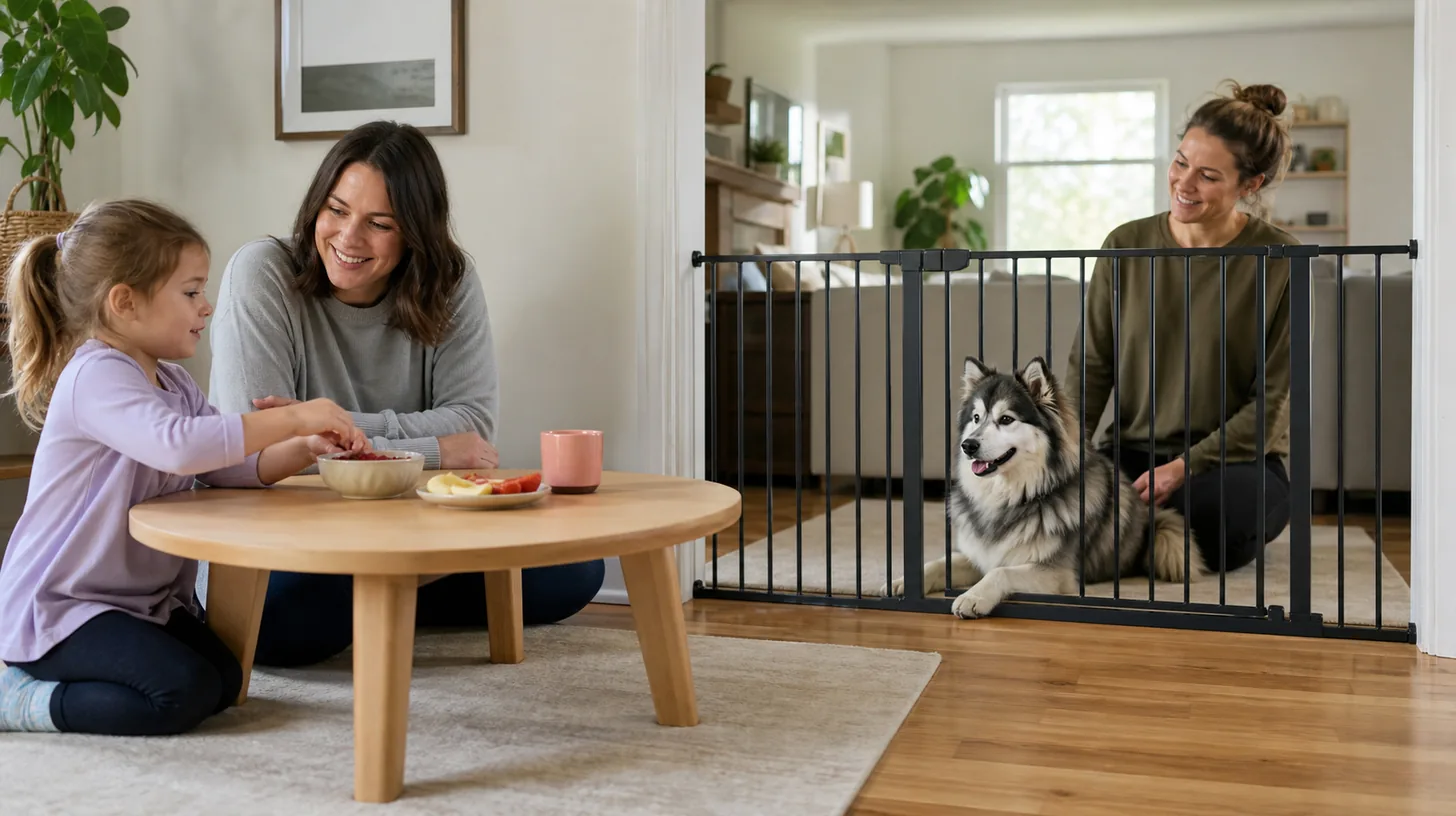 Child eats with an adult while a Pomsky rests behind a gate with another caregiver