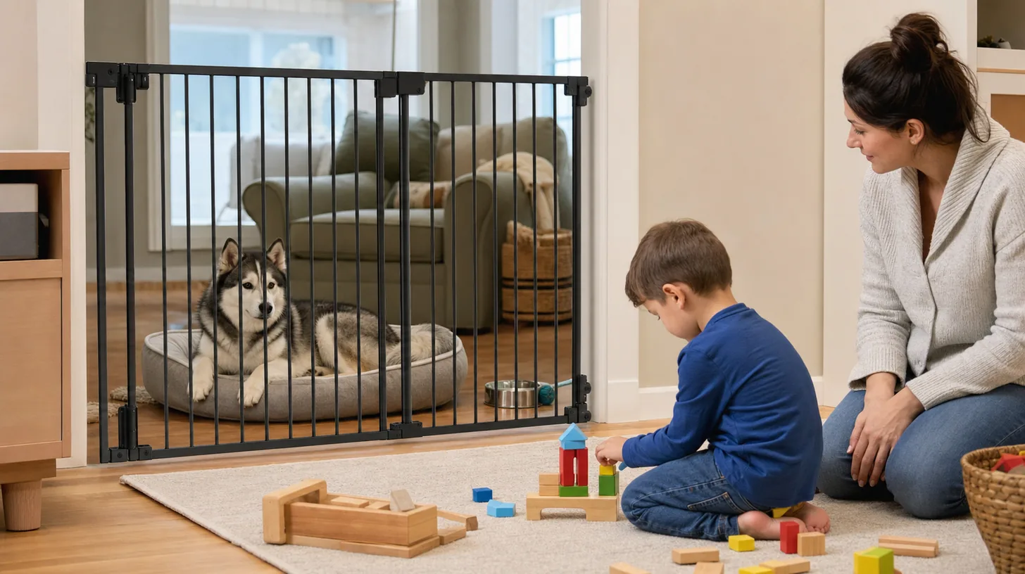 A Pomsky rests behind a closed gate while a child plays in a separate zone beside an attentive adult