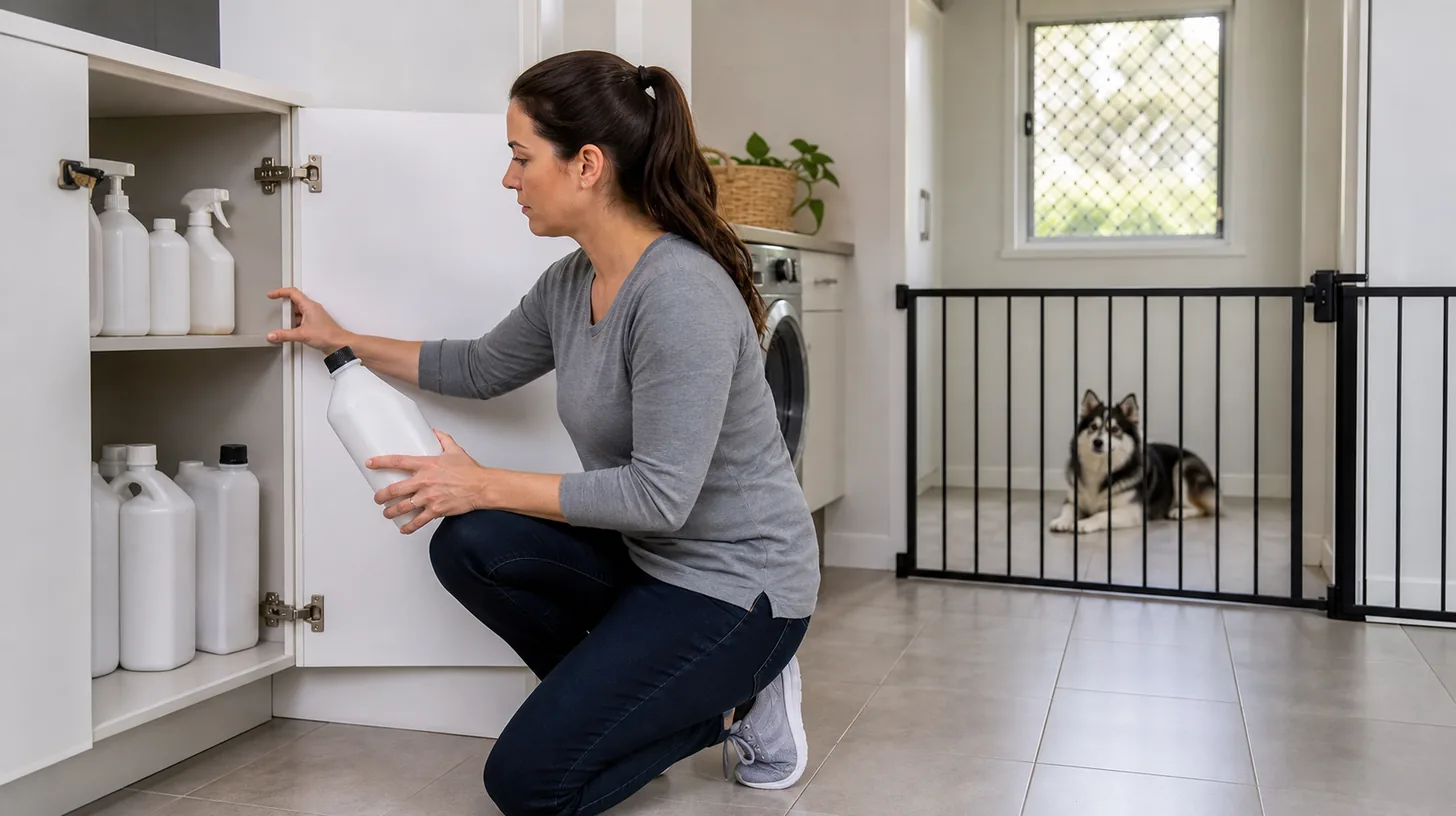 A caregiver inventories closed unbranded cleaning containers while a Pomsky remains behind a closed gate