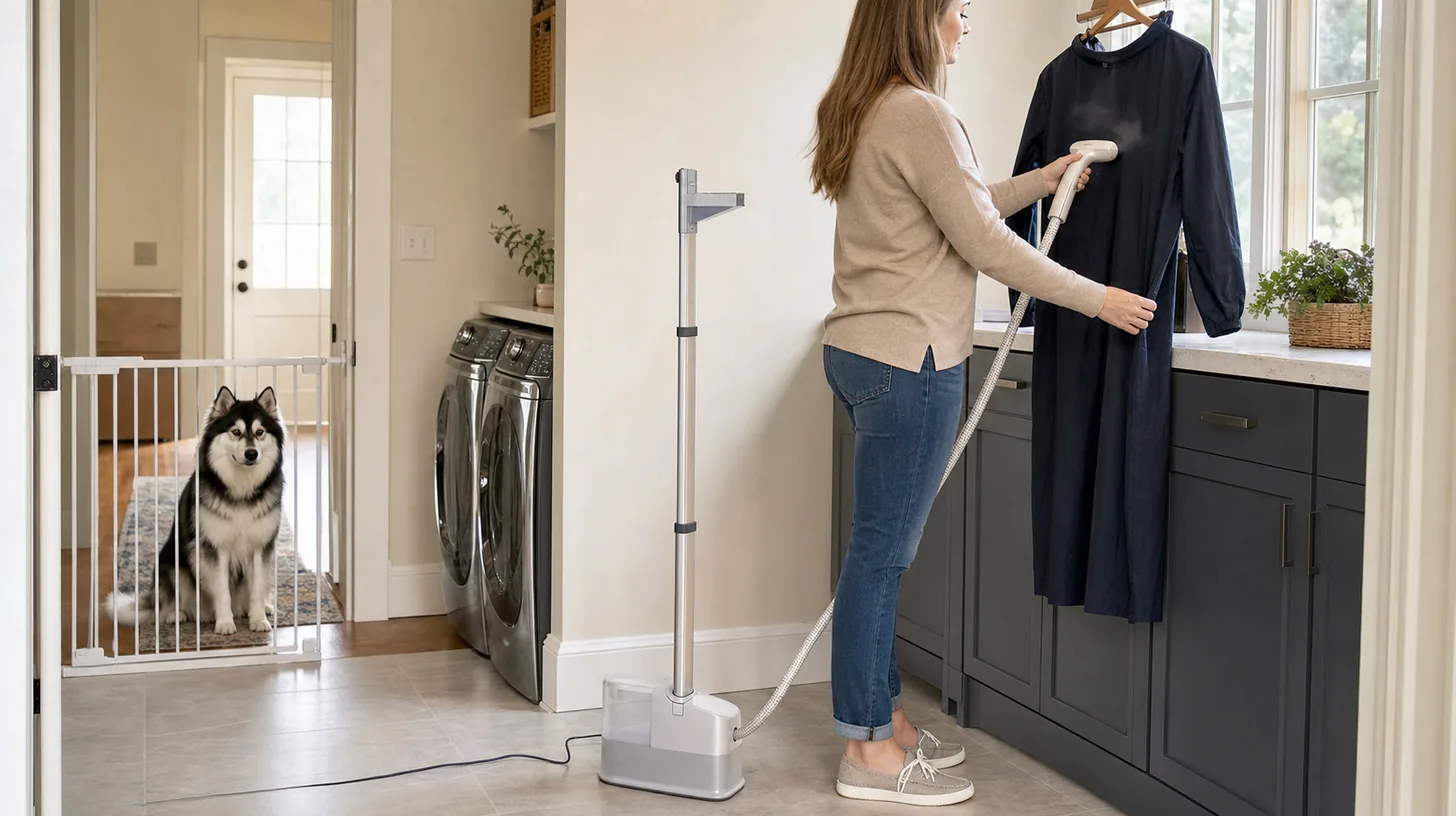 Caregiver steams a hanging garment while a Pomsky waits outside the gated laundry room