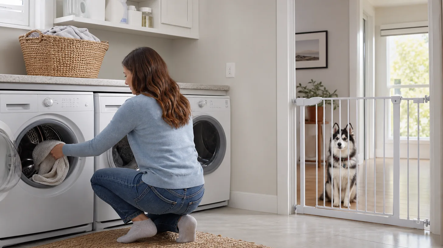 Caregiver loads a washer while a Pomsky waits behind a closed laundry-room gate