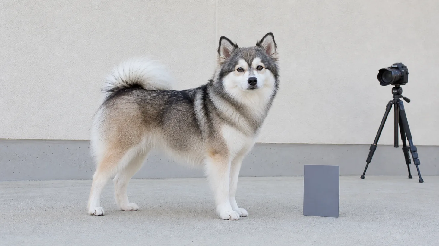 Pomsky stands in neutral daylight beside a plain gray reference card